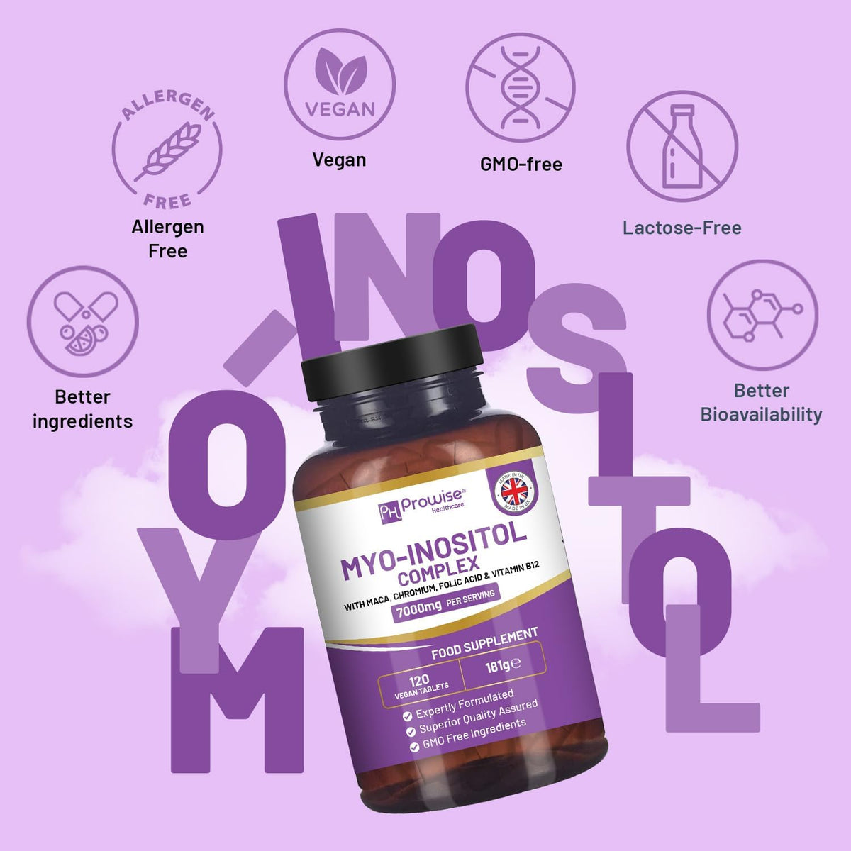 Myoinositol Complex 120 Vegan Tablets 7000mg Per Serving with Black Maca Root, Chromium, Folic Acid and Vitamin B12 | Hormone Balance for Women