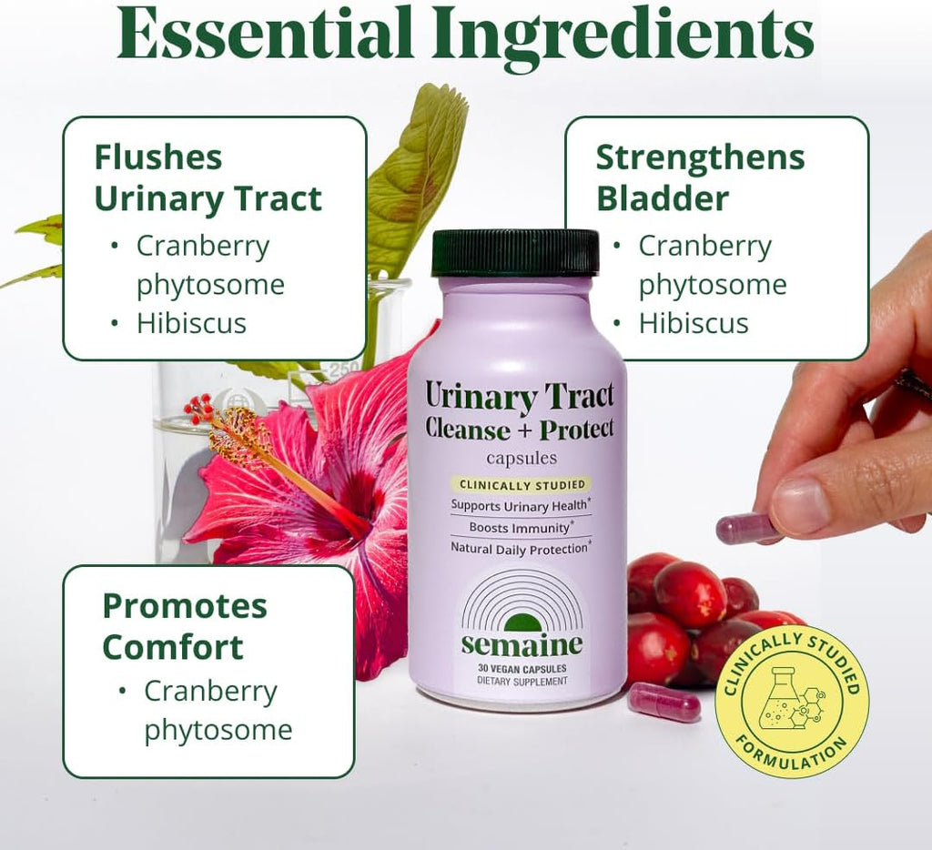 Semaine Urinary Tract Cleanse & Protect – 30 ct, Bladder Support Supplement for Women, Flushes Urinary Tract. Combines Cranberry Proanthocyanidins with Hibiscus.