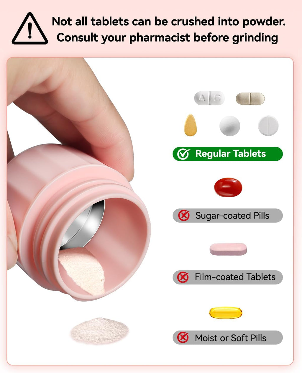 Pill Crusher Fine Powder - Cotatoc 3-in-1 Pill Crusher with Stainless Steel Grinding Pestle, Portable Pill Cutter and Crusher for Elderly and Pets (Pink)