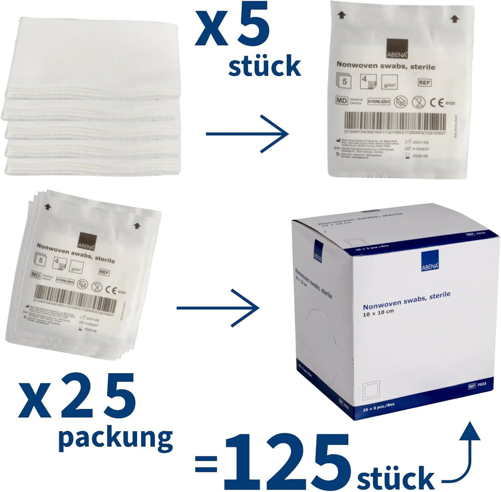 ABENA Sterile Gauze (10 x 10 cm) | Sterile 4 Ply Non-Woven Gauze Pads | Non-Woven Fabric Wound Care Medical Dressings (1 Box = 125 Count)