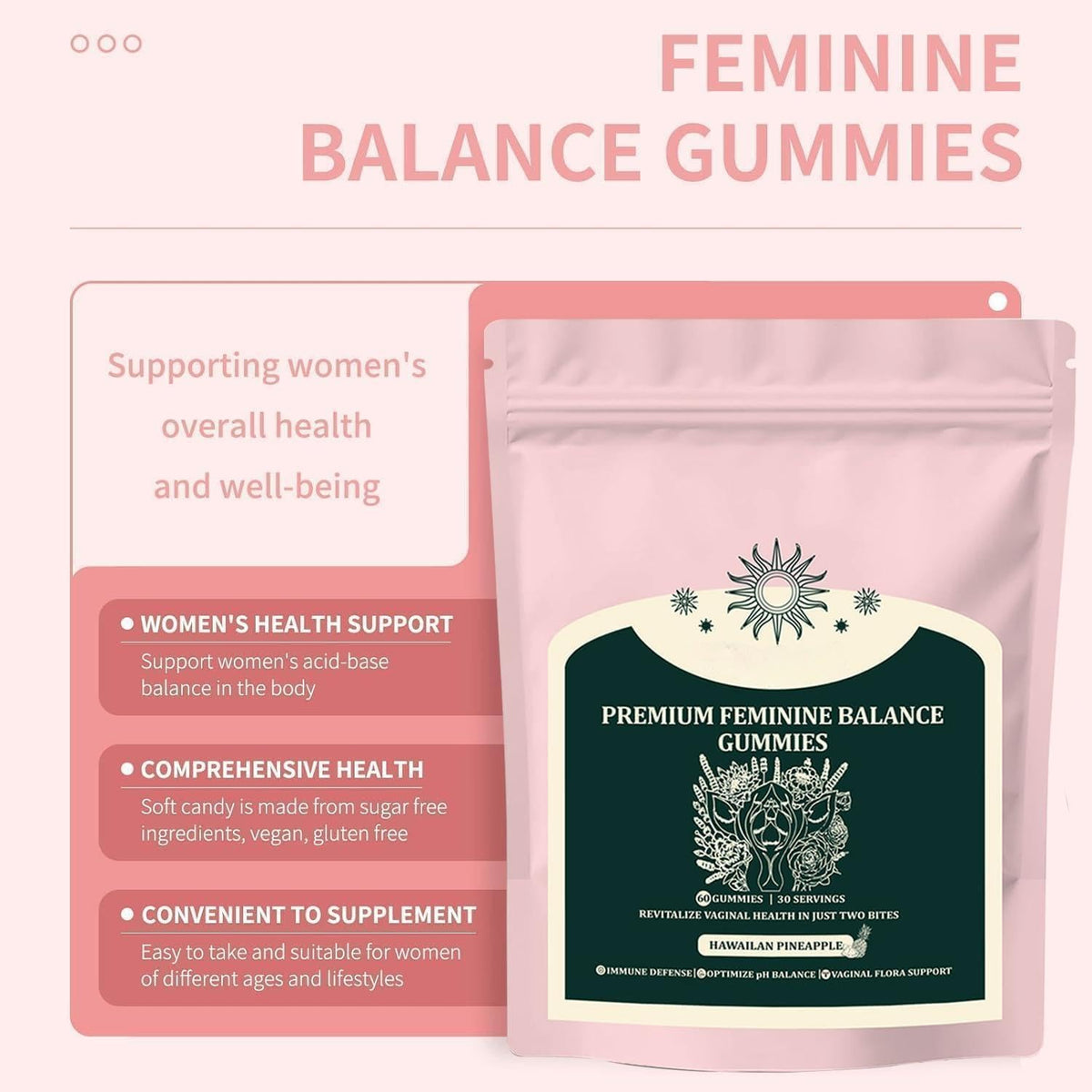 Feminine Balance Gummies – Vaginal Probiotics & Probiotics for Women – Vegan, Low Sugar, Gluten-Free – Pineapple Flavor – 60 Gummie