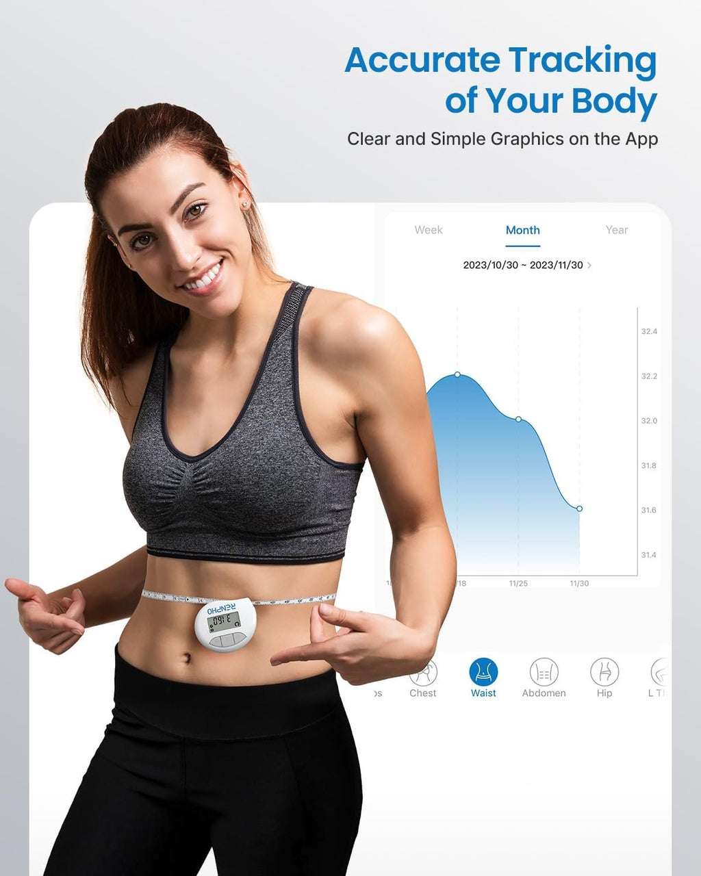 RENPHO Smart Body Measuring Tape, Bluetooth App, 60in, for Weight Loss | For Weight Loss & Fitness, Tracks Waist, Hip, Bust, Arms, Retractable, Multi-Metric Tracking, Gym Accessories, Workout Gifts