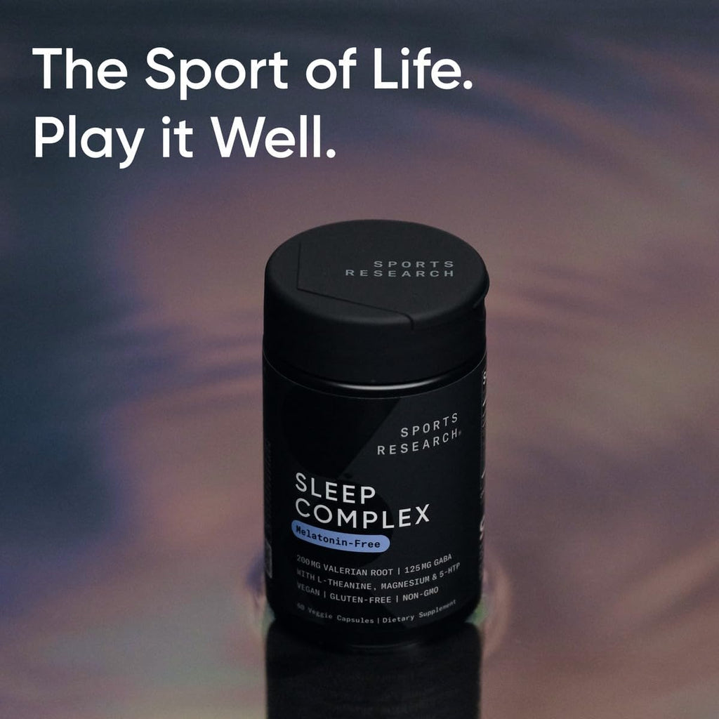 Sports Research® Sleep Complex (Melatonin-Free), 60 Veggie Capsules | Natural Sleep Aid with Valerian Root, GABA, L-Theanine, Magnesium & 5-HTP - Non-GMO Verified & Gluten Free