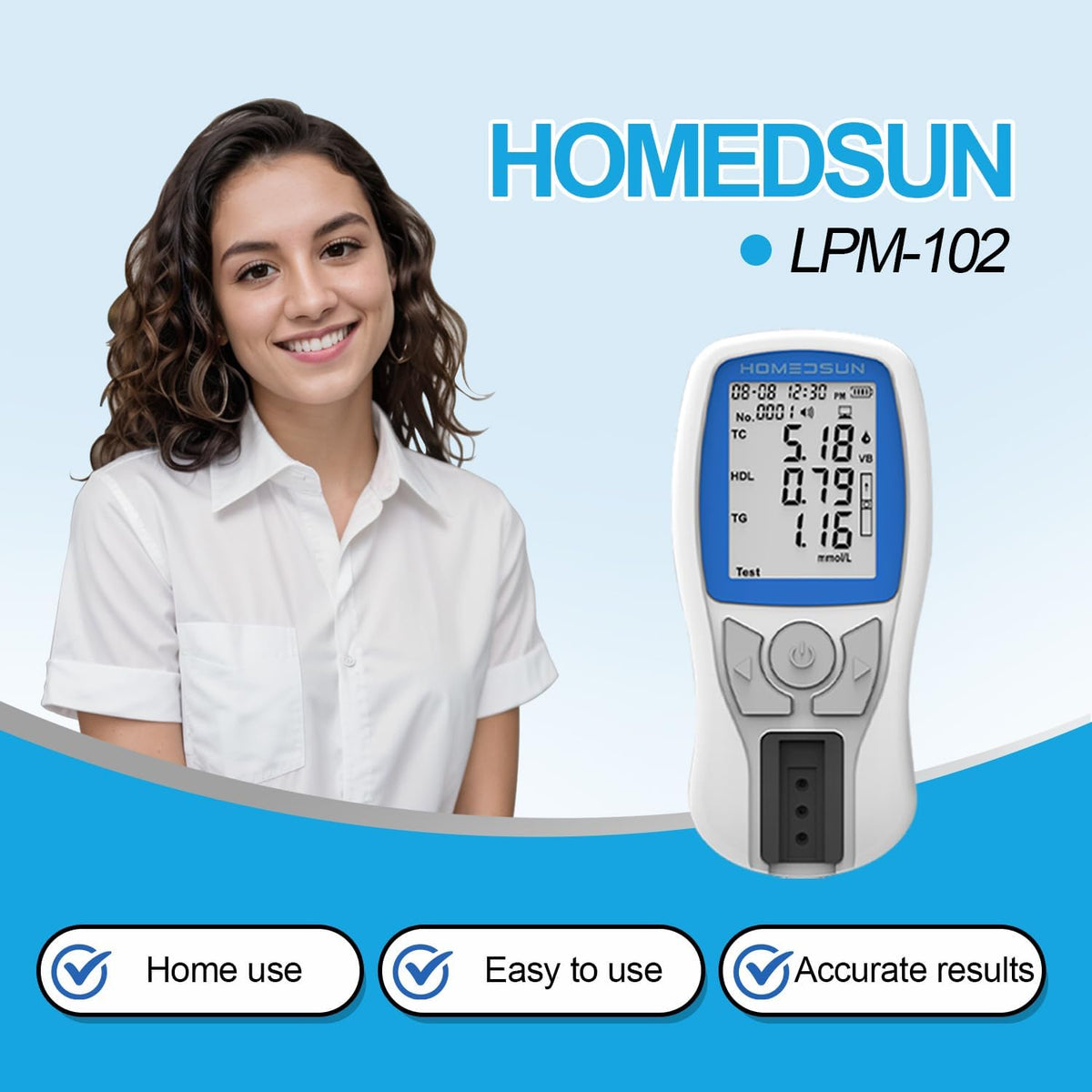 HOMEDSUN HSLPM102 4-in-1 Cholesterol Meter Kit with 10 Strips Lancets