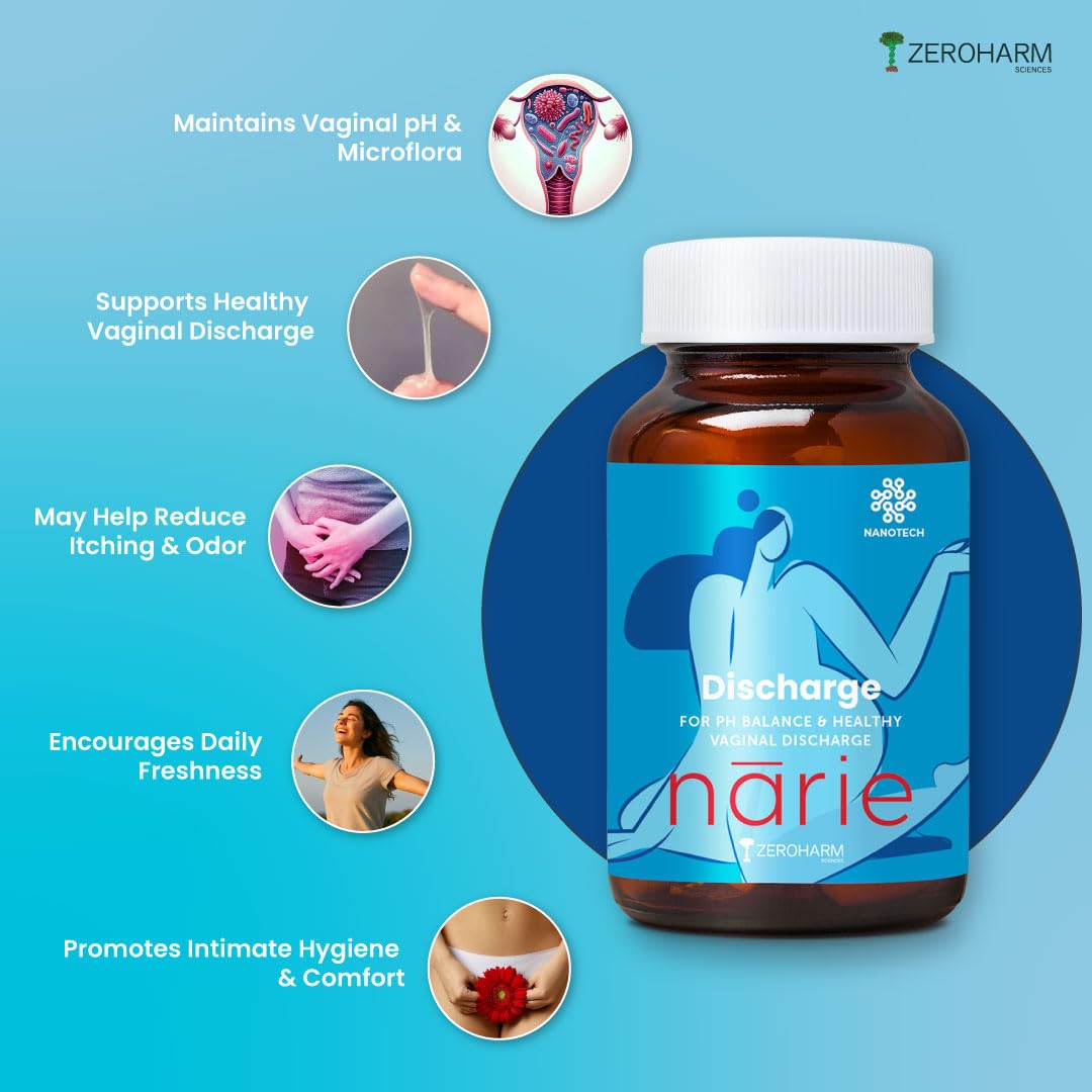 ZEROHARM Narie White Discharge Capsules for Women | Vaginal Discharge Tablets Supports pH Balance, Intimate Odour Control | Cranberry, D-Mannose, Hibiscus & Probiotics | Nano formulation | 60 Capsules