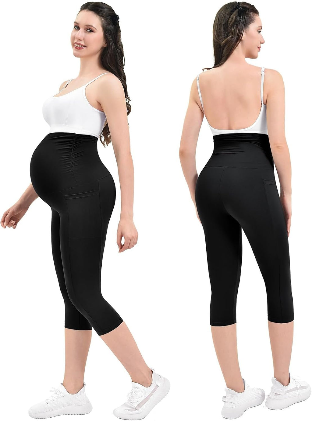 Ipletix Maternity Capris Leggings with Pockets Pregnancy Yoga Pants