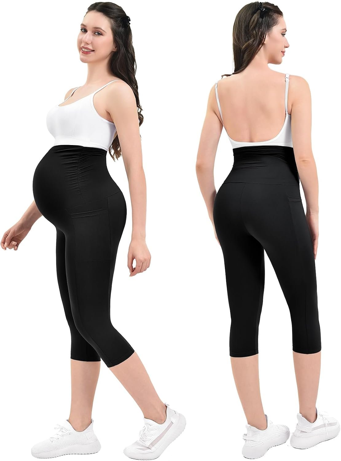 Ipletix Maternity Capris Leggings with Pockets Pregnancy Yoga Pants