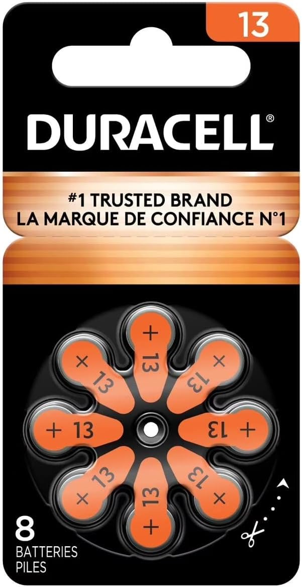 Duracell Hearing Aid Batteries Orange Size 13, 32 Count Pack, 13A Size Hearing Aid Battery with Long-Lasting Power, Extra-Long EasyTab Install for Hearing Aid Devices