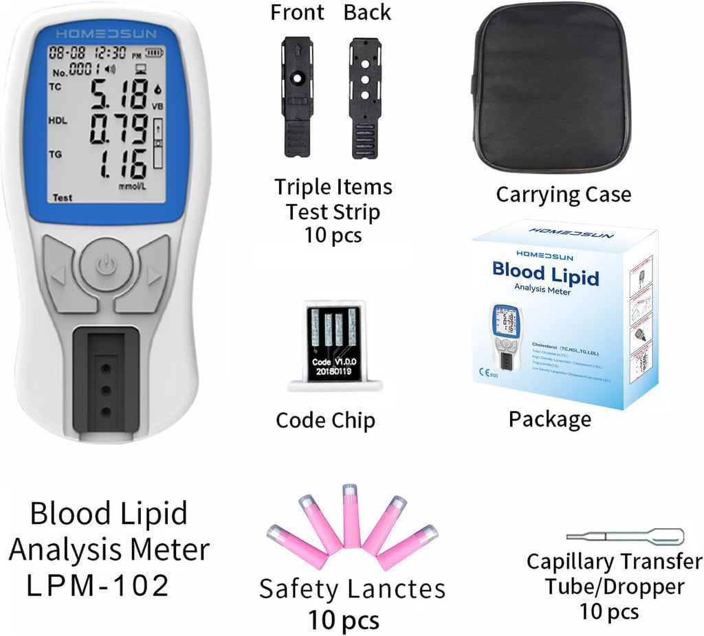 HOMEDSUN HSLPM102 4-in-1 Cholesterol Meter Kit with 10 Strips Lancets