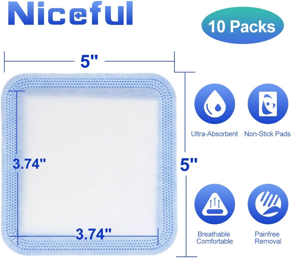 Niceful Super Absorbent Wound Dressing 5" x 5" (10 Pcs) – Sterile Non Stick Gauze Pads for Wound Care, Heavy Exudate Large Bandages for Pressure Ulcers, Bedsores, Diabetic Foot Ulcers