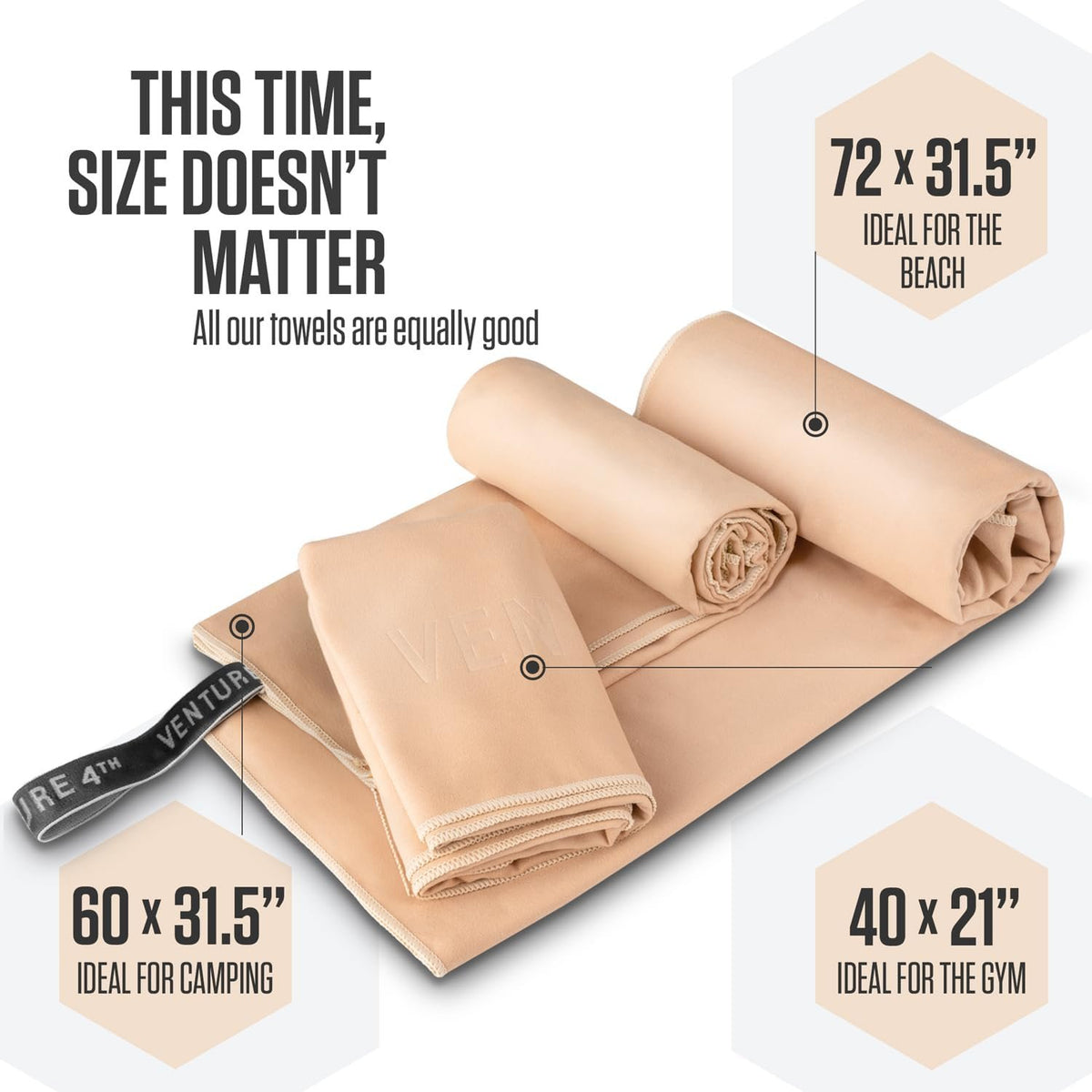 VENTURE 4TH Quick Dry Microfiber Towel for Camping & Gym - Beige Large | Lightweight, absorbs 7x more than cotton, dries fast & resists odor. Packable Travel Towel with tear-resistant carry bag.