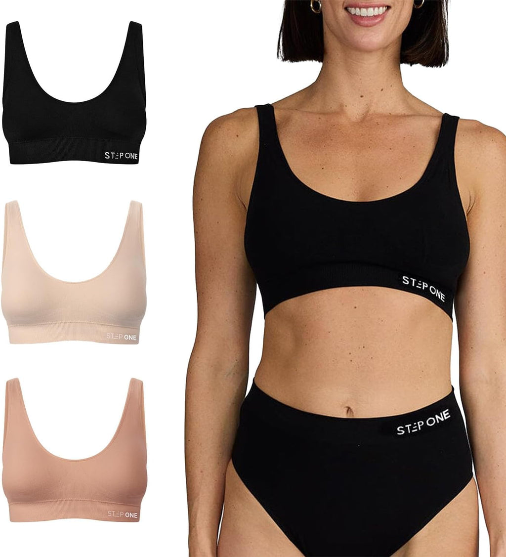 STEP ONE Smoothfit Bra. 3 Pack. Ultra-Soft Women's Everyday Bra, Lifts & Supports and Feels Invisible on, Breathable Bamboo Moisture Wicking with Removable Cups