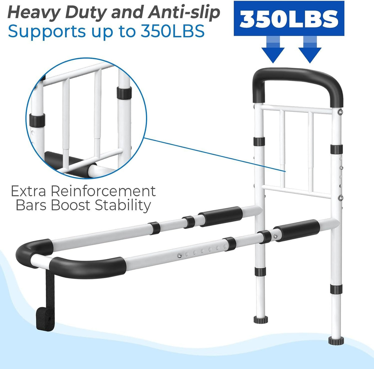 Bed Rails for Elderly Adults Safety, 350 LB Capacity, Model GS07 | ASTM Approved, Adjustable Bed Cane with Non-Slip Grip & Storage Bag, Tool-Free Bed Assist Rails for Seniors & Post Surgery