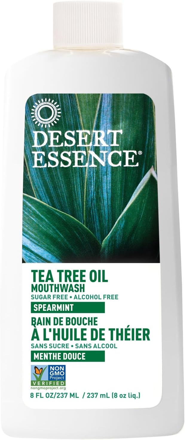 Desert Essence Tea Tree Oil Alcohol-Free Mouthwash, Spearmint, 8oz | Botanical oral rinse with tea tree oil and aloe helps freshen breath and care for teeth and gums