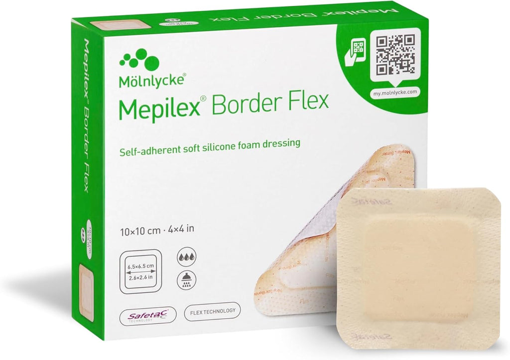 Mepilex Border Flex 10x10cm | Box of 10 | Self-adherent soft silicone foam dressing with border | Designed to stay on for several days to promote a moist wound healing environment