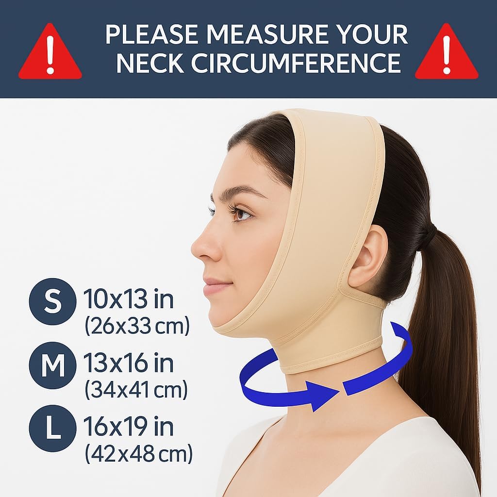 Post Surgical Chin Strap Bandage for Women - Neck and Chin Compression Garment Wrap - Face Slimmer, Jowl Tightening (S) (Beige, M)