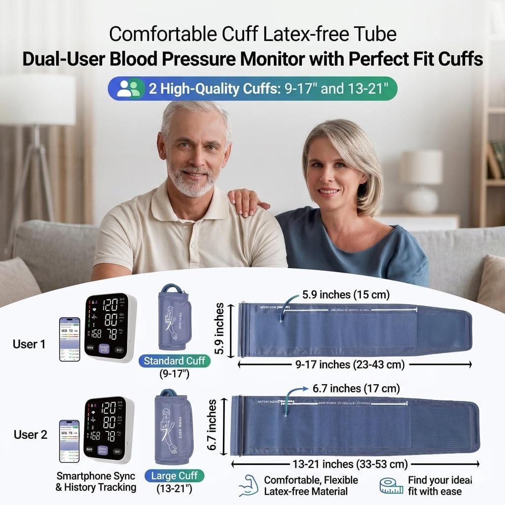 Upper Arm Blood Pressure Monitor for Home Use 17" Large & 21" XL Extra Large Cuff Big arm, Free APP Bluetooth Sync Apple Health Track Google Fit, Large Display Smart BP Machine for Seniors