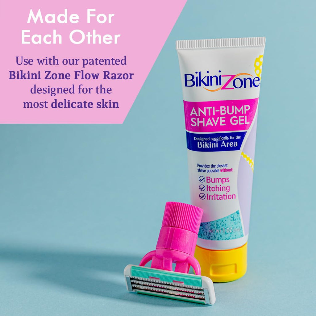 Bikini Zone Flow Razor 1 oz Anti-Bump Shave Gel Refills, 3 Ct | Replacement 1 oz Bikini Zone Anti-Bump Shave Gels for the Flow Razor. Attach, shave, & go with the all-in-one travel razor.