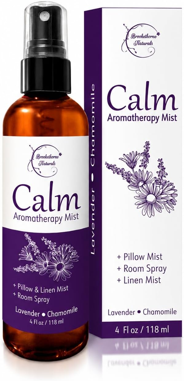 Brookethorne Naturals Calm Aromatherapy Mist | Lavender Pillow Spray 4oz | Lavender & Chamomile Essential Oil room, linen & bed spray | Calming scent for Relaxation & Sleep | Paraben-free, made in USA