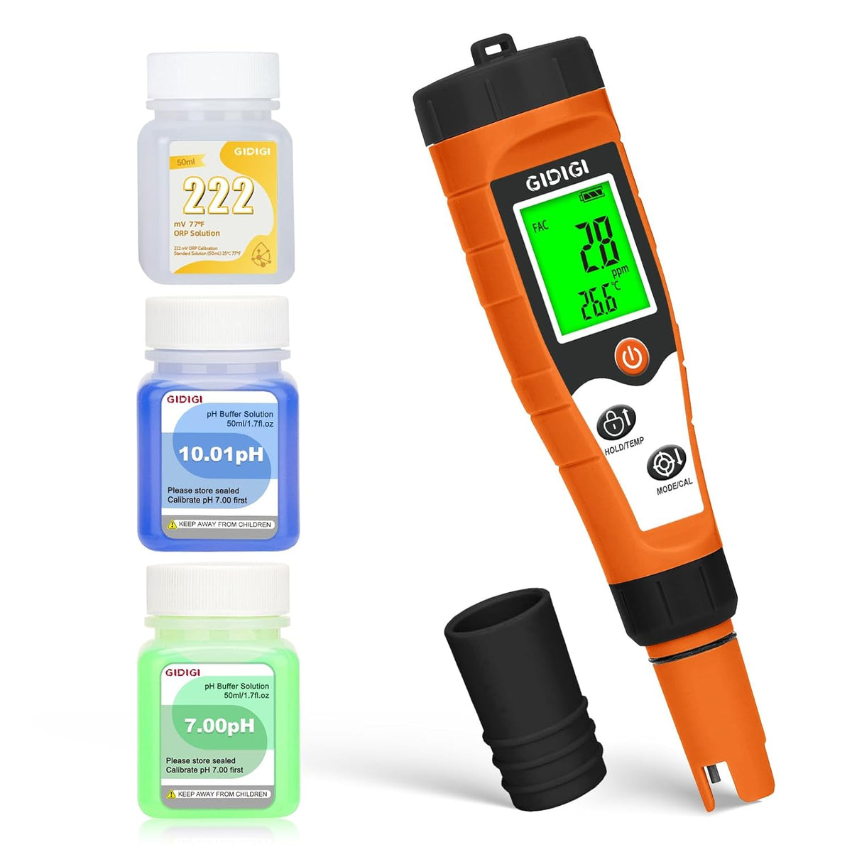 Chlorine, pH and Salinity Pools Meter, 7 in 1 pH FAC, Salt, ORP, EC, TDS and Temp with Calibration Solution, Chlorine Meter for Swimming Pools, Aquariums, Hydroponics and Drinking Water