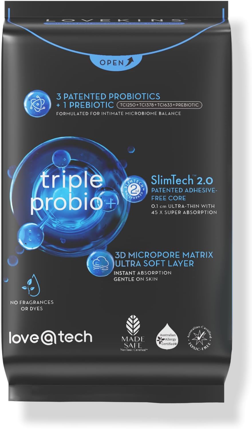 Lovekins Triple ProBio Night Pads, Overnight & Heavy Flow Protection, Ultra-Thin Design