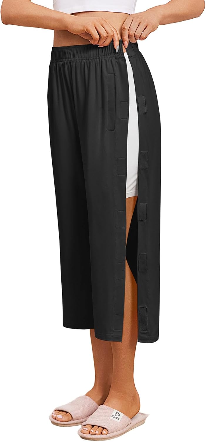 Deyeek Women's Tear Away Breakaway Capri Pants Post Surgery Recovery Hip Knee Ankle Replacement Adaptive Magic Tape Wide Leg