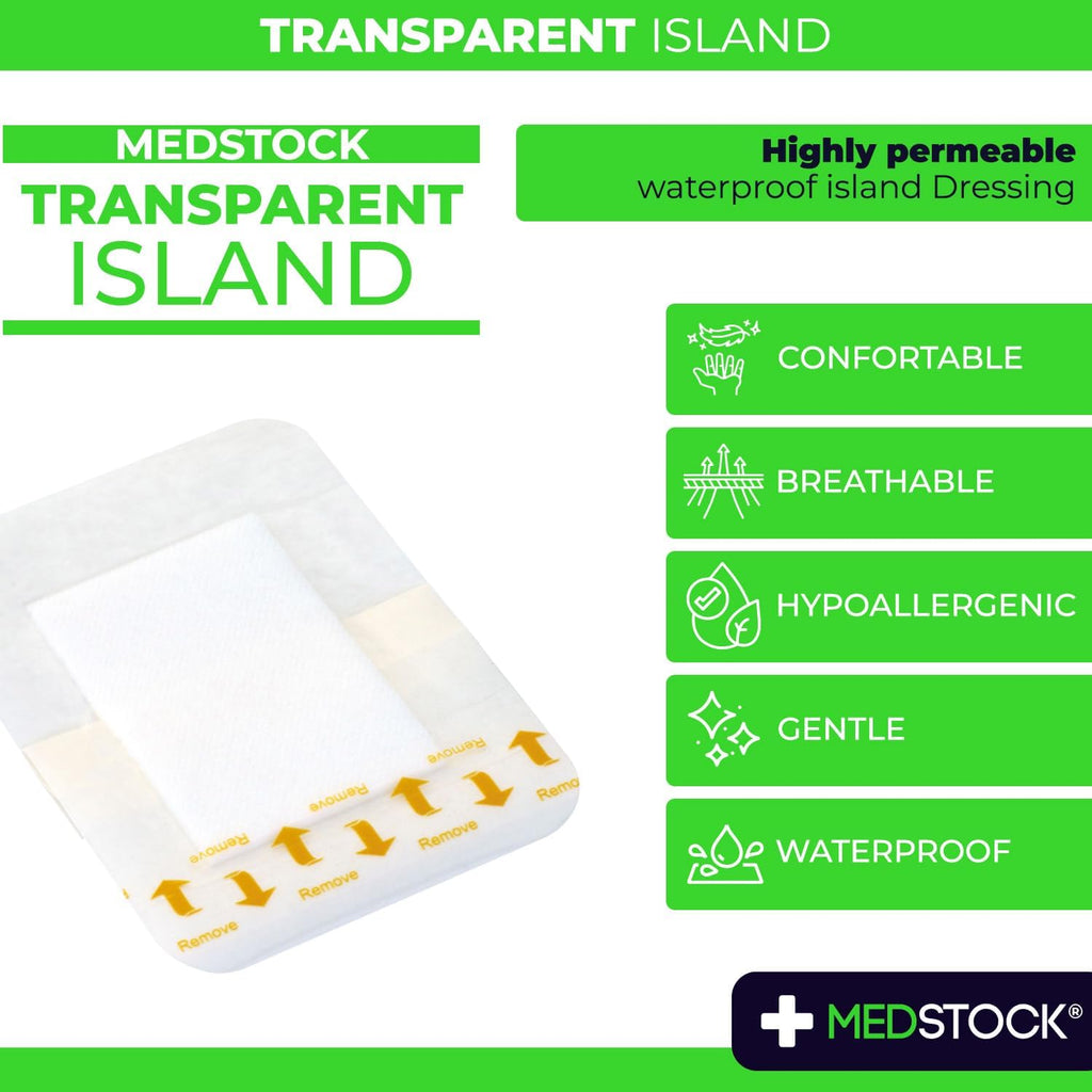 MEDSTOCK Transparent Island Dressing, 5CM X 7CM, 100 count, Waterproof Dressing, Polyurethane Coat, Highly Breathable, Medical Grade, Acrylic Adhesive, Waterproof, Wound Monitoring and Healing