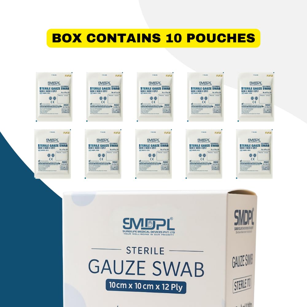 Sterile Gauze Swabs 10cm x 10cm x 12Ply - Absorbent Gauze Pads for Wound Dressing & First Aid Box of 10 Pouch - 40Count