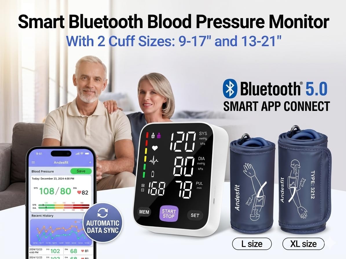 Upper Arm Blood Pressure Monitor for Home Use 17" Large & 21" XL Extra Large Cuff Big arm, Free APP Bluetooth Sync Apple Health Track Google Fit, Large Display Smart BP Machine for Seniors