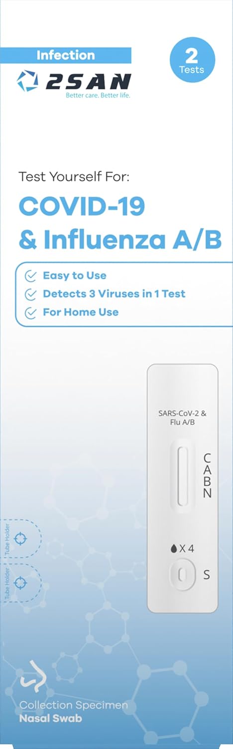 2San COVID-19 and Flu A/B Rapid Test Kit, 15-Minute Results, Easy At-Home Antigen Self-Test for Quick and Accurate Detection of COVID and Influenza, 2 Pack