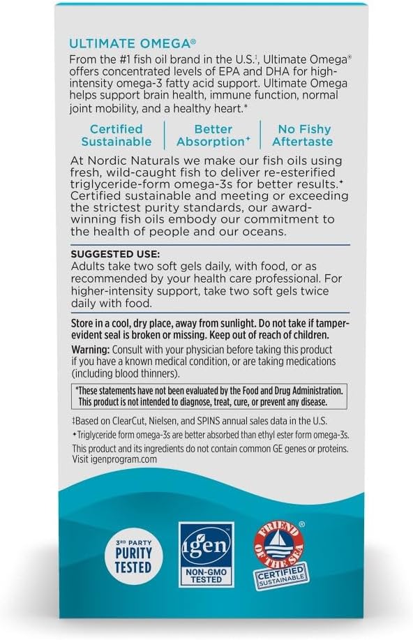 Nordic Naturals Ultimate Omega, 1280mg Omega-3 Fish Oil, Lemon - 120 Count | High-potency Omega-3 Fish Oil with EPA & DHA supports brain & heart health. Non-GMO, burpless formula. 60 servings.