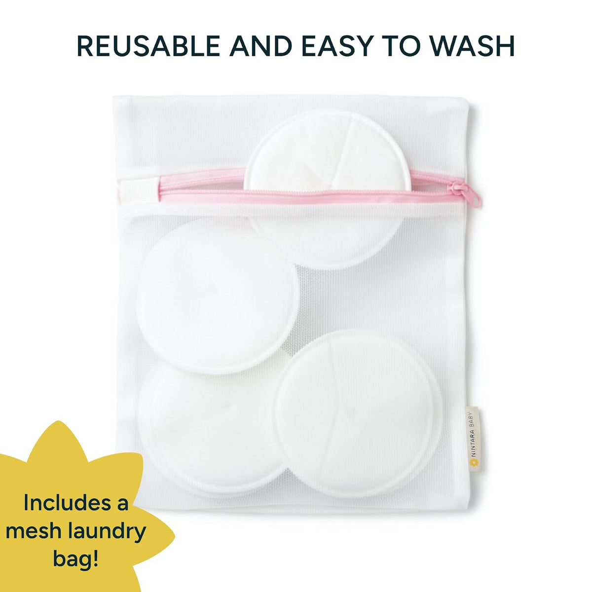 Nintara Baby Reusable Nursing Pads – Pack of 6 with Laundry Bag | Soft & Absorbent Breast Pads, Bamboo Viscose Blend, Contoured Fit, Leak-Resistant