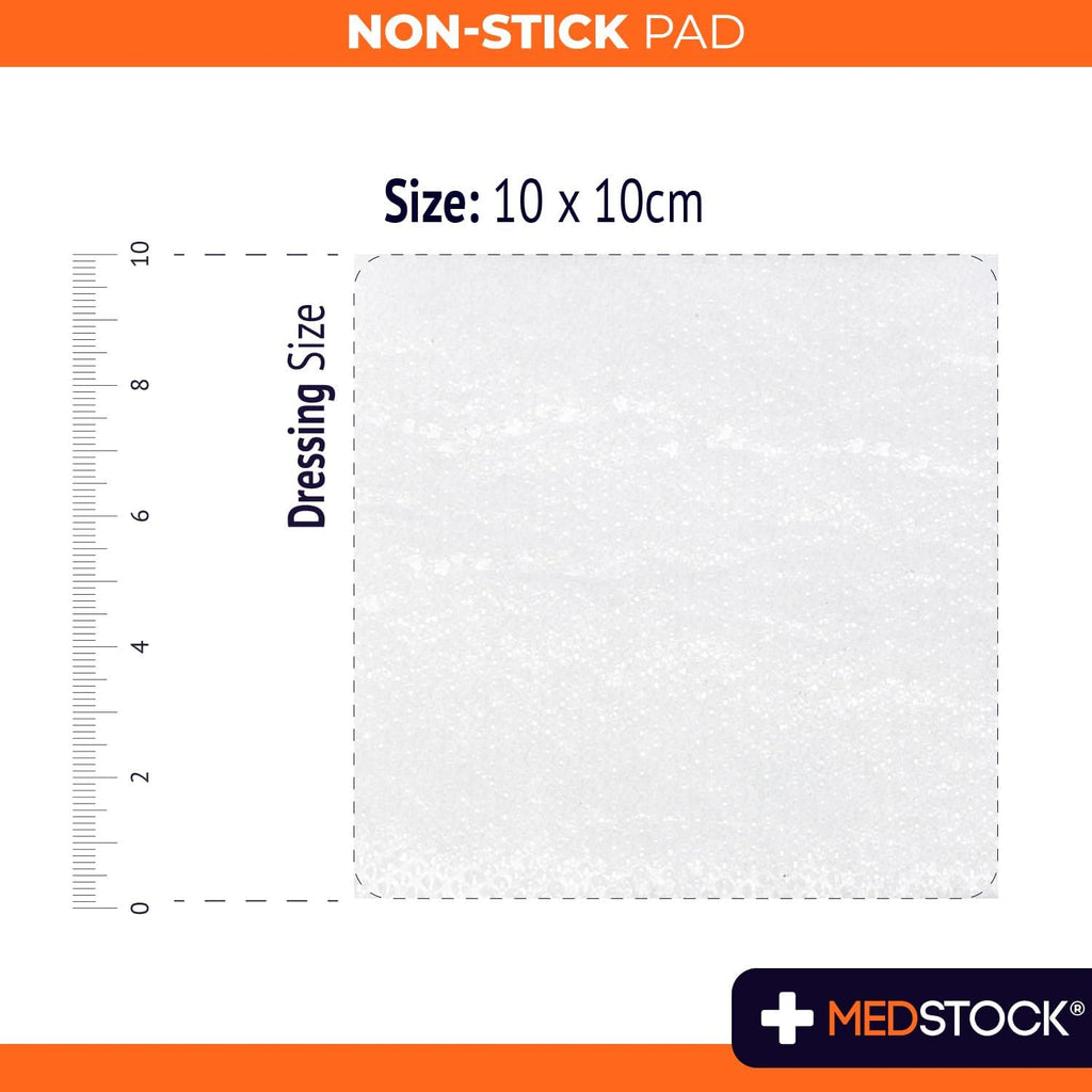 MEDSTOCK Non-Stick Pad, Gauze Pad Dressing, 10CM X 10CM, 100 Count, Non-Stick Wound Care, Surgical Grade, Fragile Tissue Protection, High Absorption, Porous Film Skin Contact Layer, Non Woven Fabric