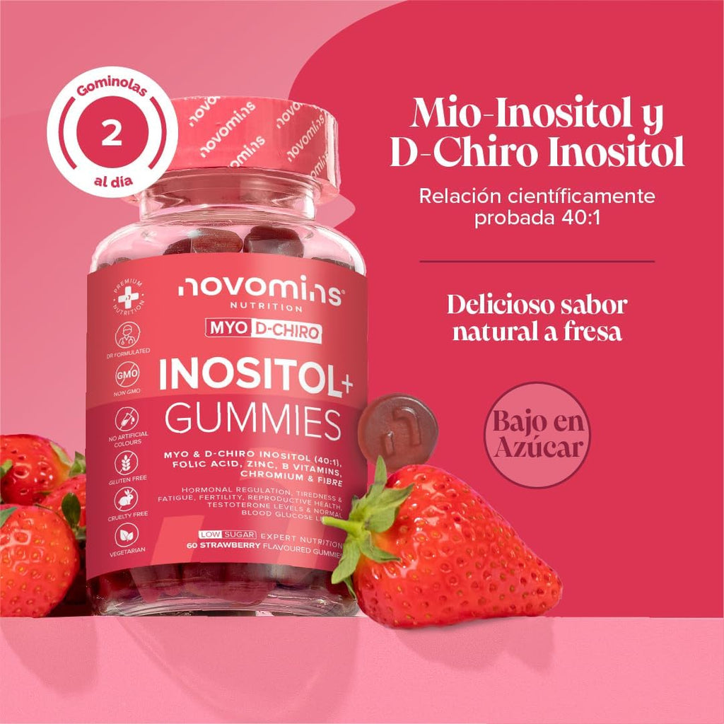 Inositol Myo and D-Chiro Gummies 40:1 - with Inositol, Folic Acid, Chromium, Zinc, Vitamins B6 and D3, and Fiber - Supplement for Female Hormone Balance - Vegan - 60 PCOS Gummies - Novomins