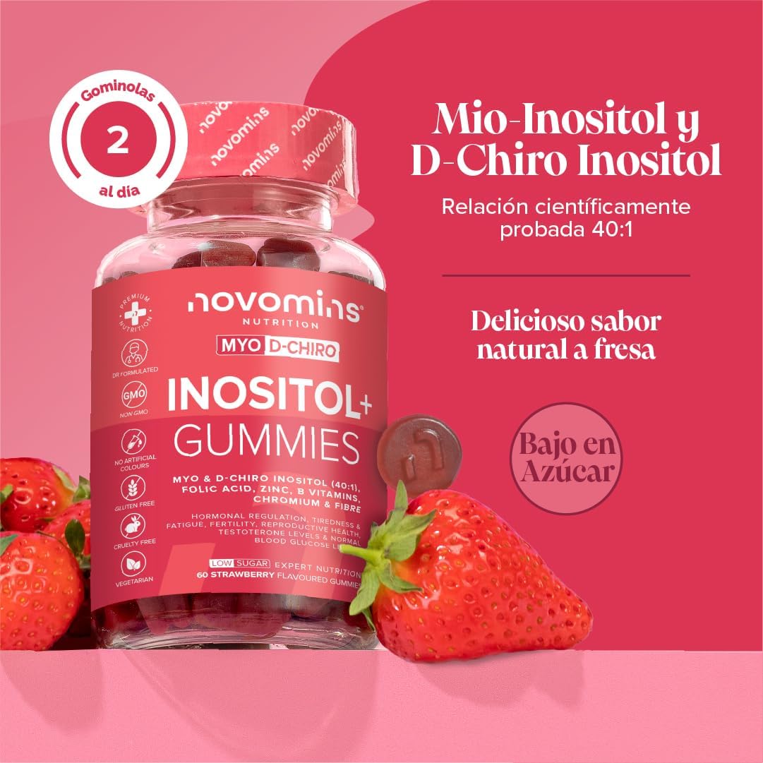 Inositol Myo and D-Chiro Gummies 40:1 - with Inositol, Folic Acid, Chromium, Zinc, Vitamins B6 and D3, and Fiber - Supplement for Female Hormone Balance - Vegan - 60 PCOS Gummies - Novomins