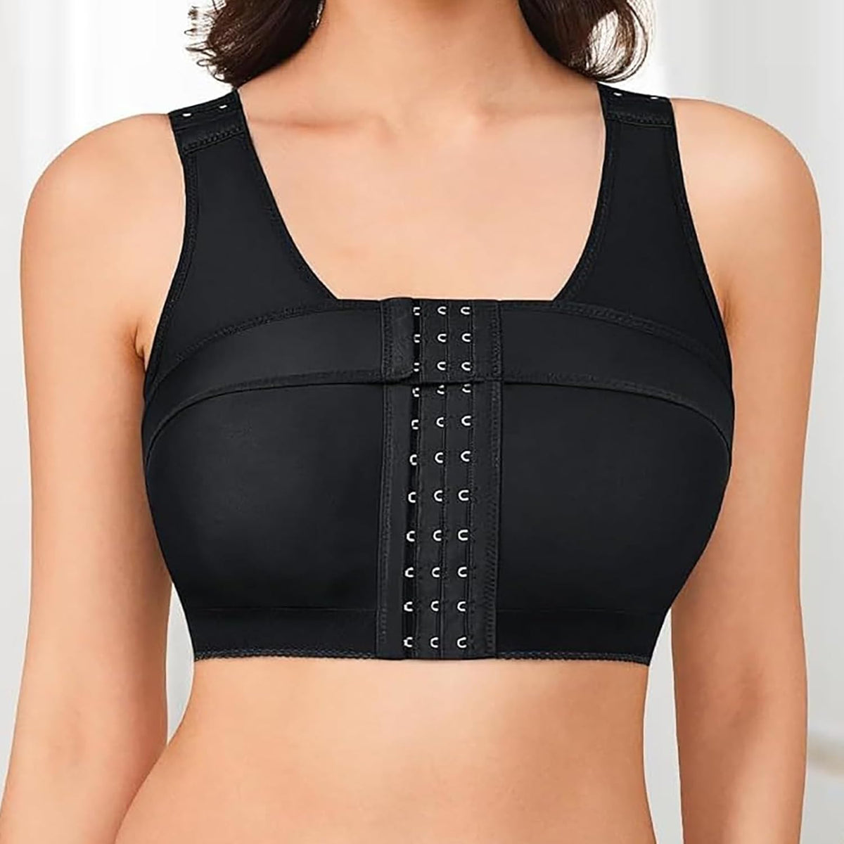Post-Surgical Support Bra with Adjustable Front Closure and Compression Band for Comfort and Recovery (Black, L) #6028
