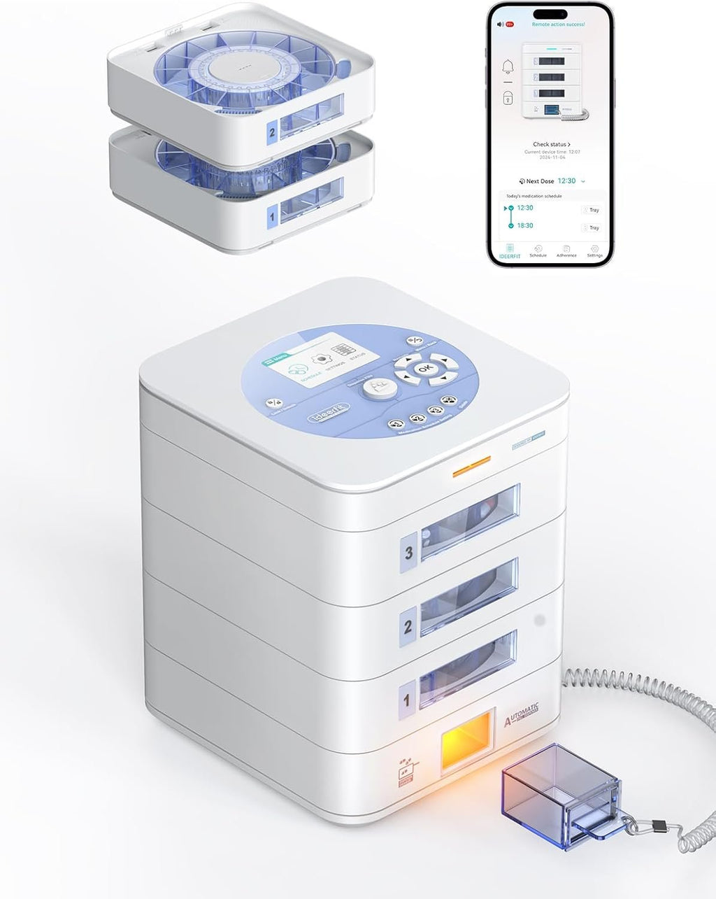42-Day(1X) Automatic Pill Dispenser (Expandable Tray) – App & On-Device Setup by Family, LCD Display, Digital Lock, Sound & Light Alerts –Safe Medication Organizer for Dementia Seniors (3-Tray, White)