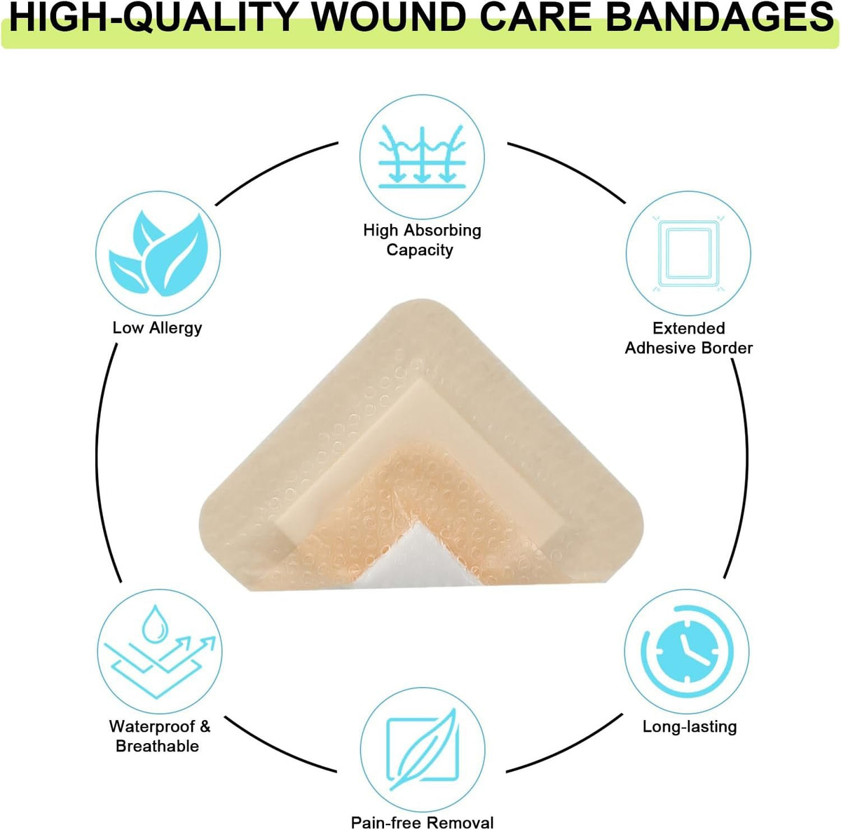 60 Pack Silicone Foam Dressing 3''x3'' with Gentle Border | FSA Eligible HSA, Skin Wound Care, Self Adhesive Waterproof Bandages Absorbent Pads for Elderly Skin Protection, Post-Op