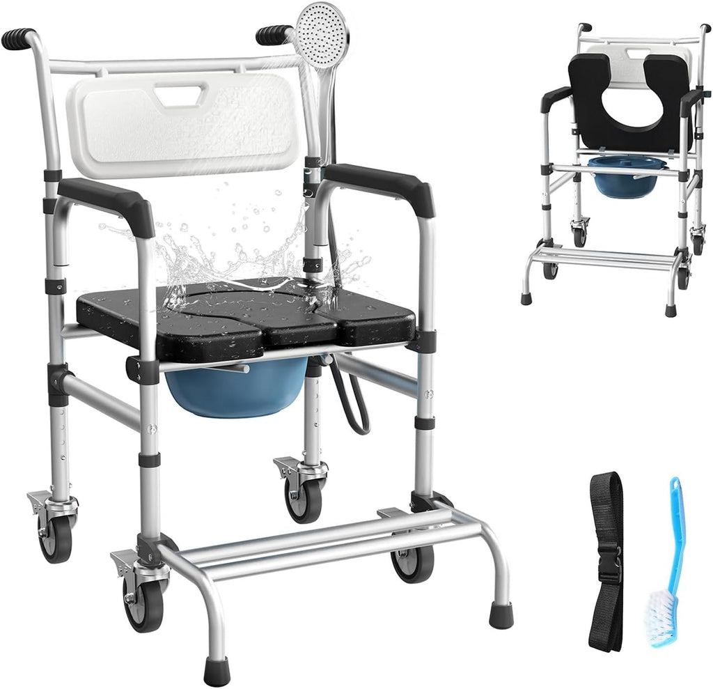 4-in-1 Rolling Bedside Commode with Wheels & Shower Chair for Seniors | Adjustable Height Raised Toilet Seat, Soft Padded Seat, Secure Safety Armrests, and Smooth Lockable Casters,Up to 350lbs