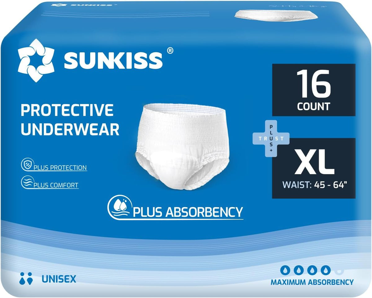 SUNKISS TrustPlus Incontinence and Postpartum Underwear for Men and Women, Disposable Protective Underwear with Overnight Comfort Absorbency, XLarge, 16 Count