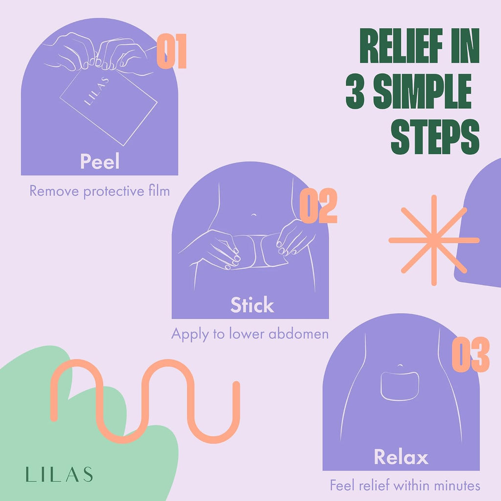LILAS Period Cramps Pain Relief Patch, 10 Pack | Instant Relief for Menstrual Cramp, PMS, Endometriosis & PCOS | 12-Hour Comfort | Natural & Vegan Topical Patches | Trusted Formula & Upgraded Design