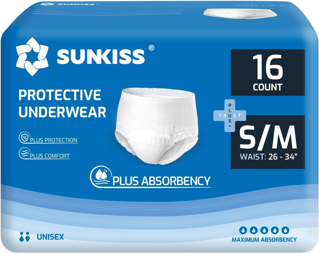 SUNKISS TrustPlus Unisex Incontinence Disposable Underwear, Heavy Absorbency, Barrier Leak Protection, Odor Control, 16 Count, Small/Medium