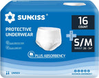SUNKISS TrustPlus Unisex Incontinence Disposable Underwear, Heavy Absorbency, Barrier Leak Protection, Odor Control, 16 Count, Small/Medium