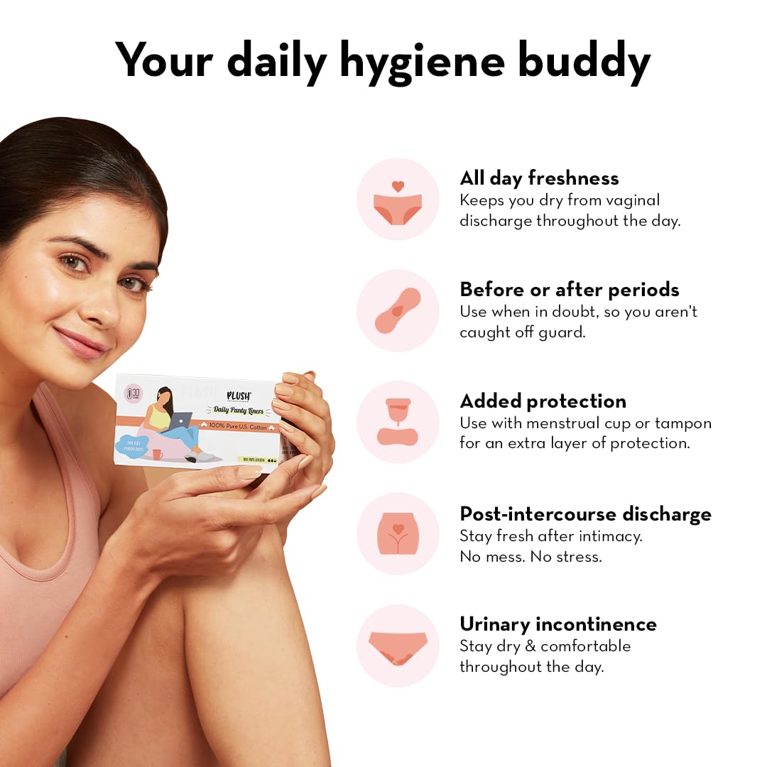 Plush Ultra Thin Large Panty Liners for Women Daily Use, 30 Liners | 2mm Thin, 180mm Long | Extra Coverage | Pure U.S. Cotton Liners for Sensitive Skin | Quad-Lock Design | No Toxins, No Parabens