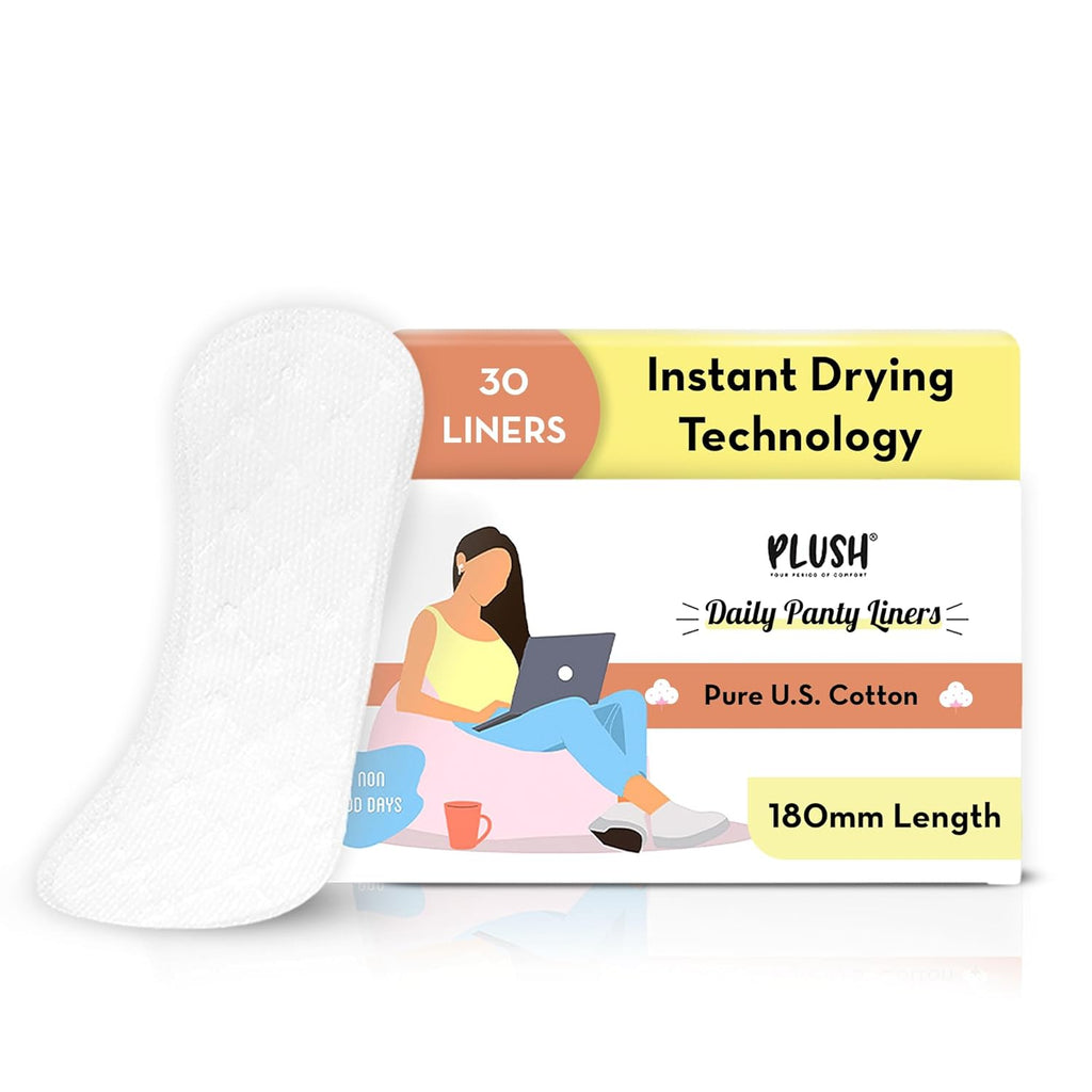 Plush Ultra Thin Large Panty Liners for Women Daily Use, 30 Liners | 2mm Thin, 180mm Long | Extra Coverage | Pure U.S. Cotton Liners for Sensitive Skin | Quad-Lock Design | No Toxins, No Parabens