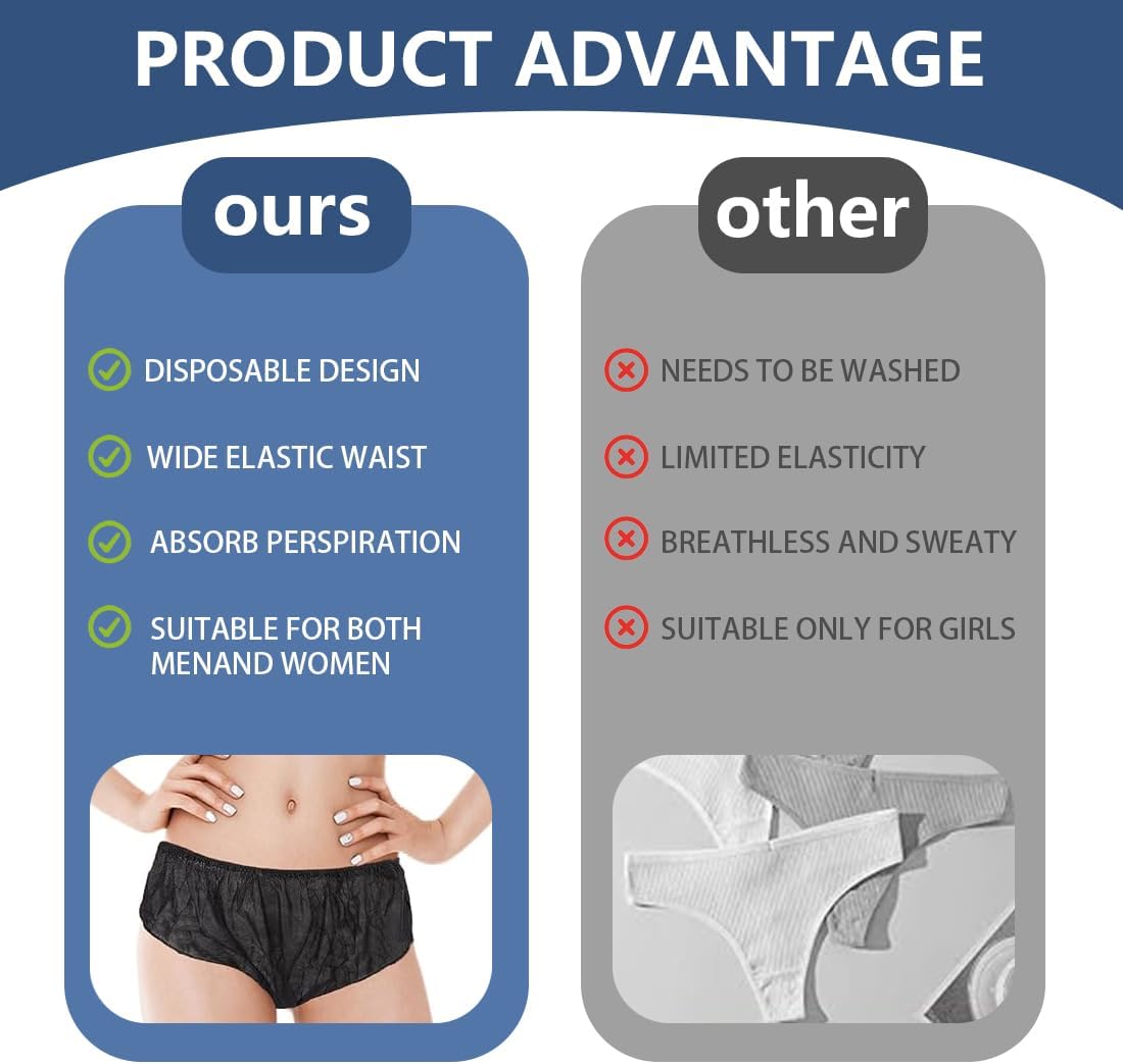 10 Pieces Unisex Disposable Non-Woven Fabric Underwear for Travel, Camping, Spa (Black)