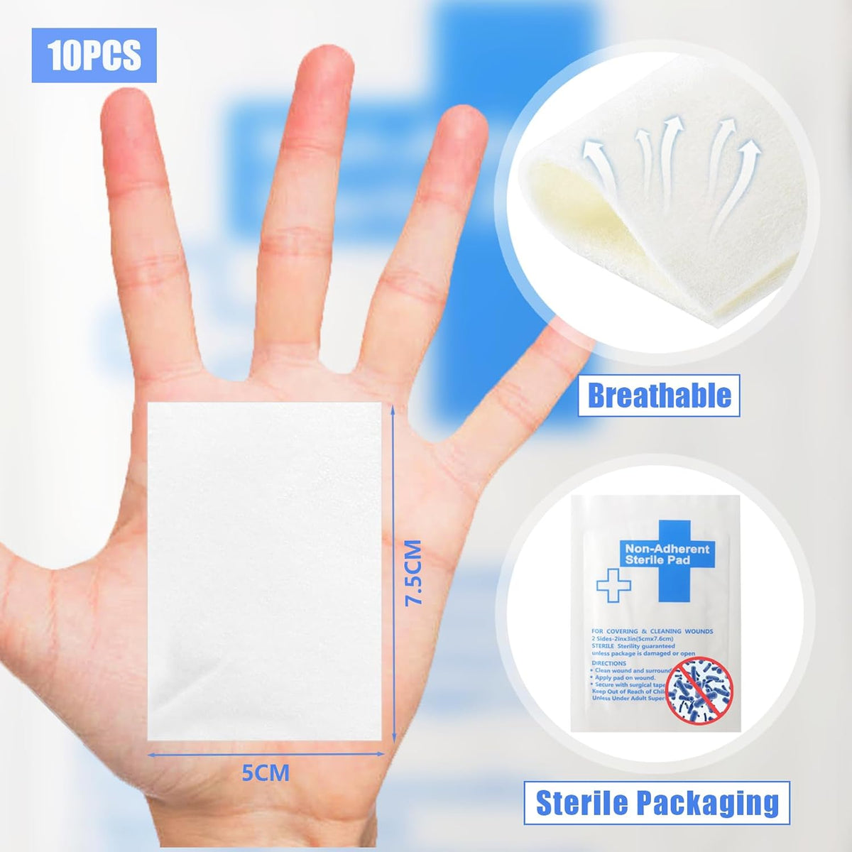 Non-Stick Wound Dressing Pads, 5 CM x 7.5 CM, Pack of 10, Sterile Highly Absorbent Wound Care Individually Wrapped Dressings