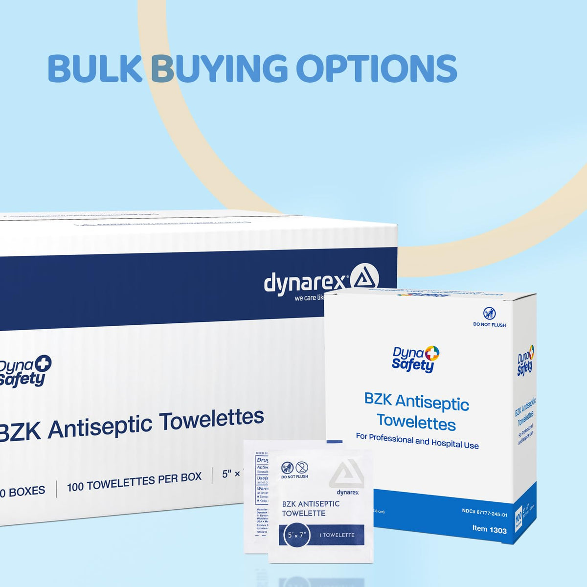 Dynarex DynaSafety BZK Antiseptic Towelettes - Sterile, Alcohol and Fragrance Free, Gentle Cleansing, Safe on Minor Wounds - 5" x 7" - Case of 10, 100 per Box