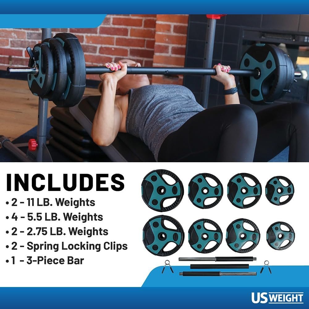 US Weight Barbell Weight Set for Home Gym with 55” padded Bar - Adjustable Weights for Exercise, Lifting, and to Build Muscle