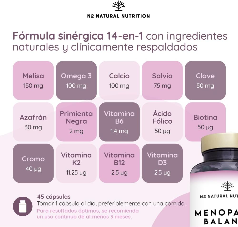 Menopause, Balance Female Estrogens and Progesterone. 14-in-1 Formula with Clinical Back. 45 Capsules with Omega 3, Biotin, Vitamin D3 and K2. N2 Natural Nutrition